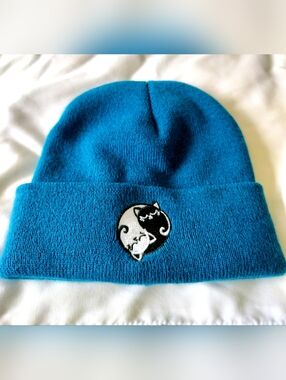 Attic Salt Kids Blue Beanie with Cat Yin-Yang Patch